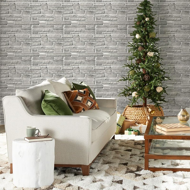 COMSTICKC 3D Faux Stone Wall Panel Peel and Stick Wall Tiles, 10 Pcs of 12"X12", Ultra-Light Thin PVC Rock Adhesive Fake Stone Paneling Backsplash Interior Decor (Gray Stone) - Image 1